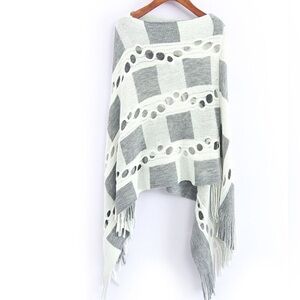 Venice Blue Open Knit Fringed Poncho One Size